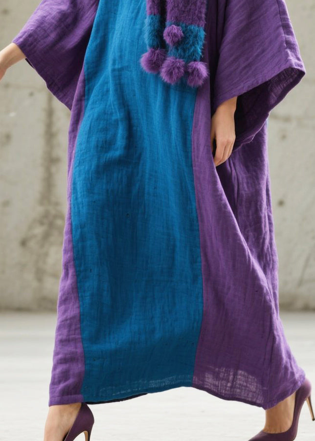 Round Neck Kimono Sleeve Vertical Panel Oversized Linen Maxi Kaftan Dress 4