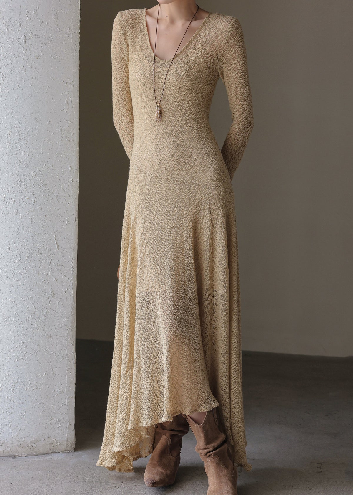 Open Weave Knit V-Neck Flared Hem Maxi Dress