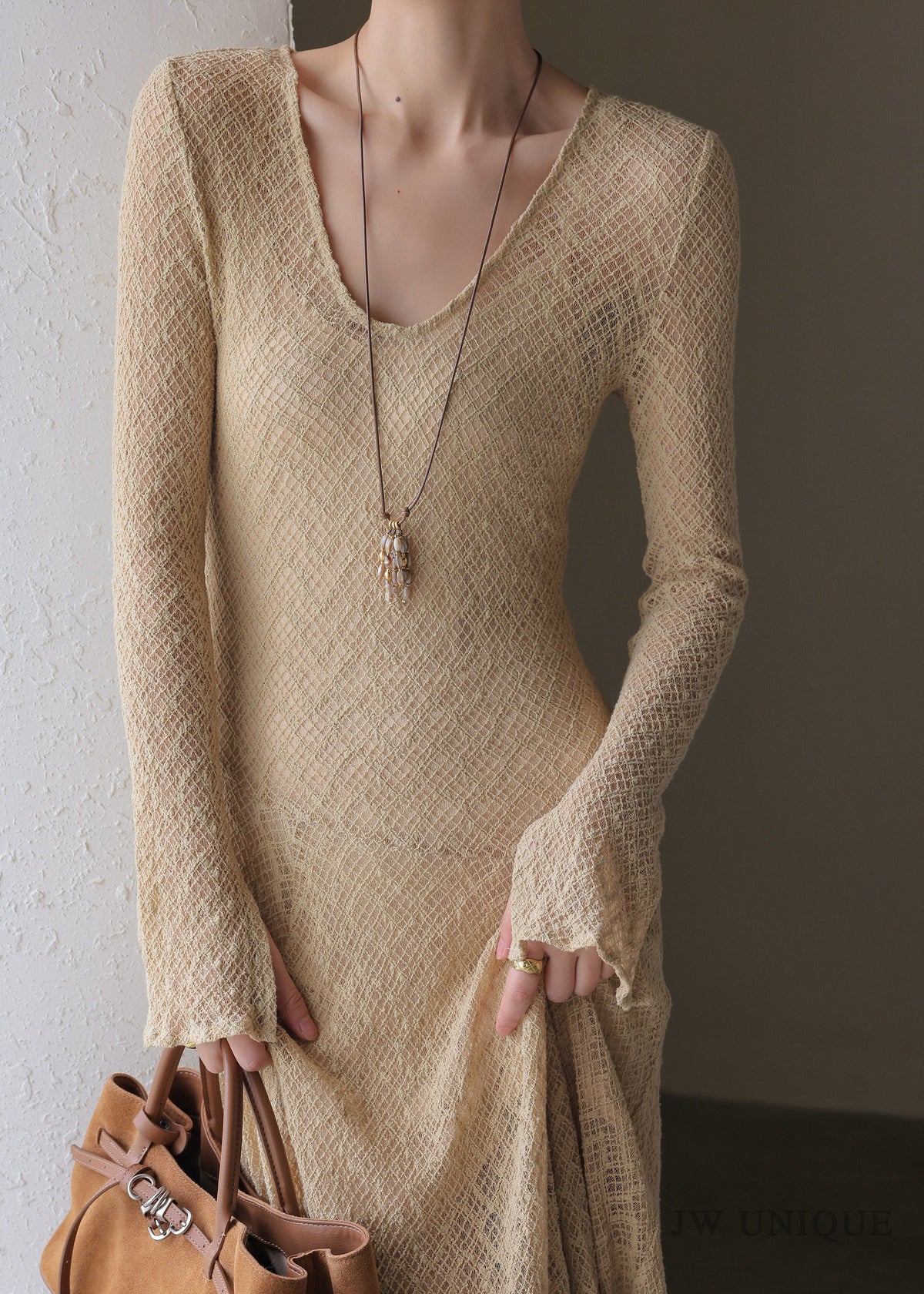Open Weave Knit V-Neck Flared Hem Maxi Dress 4