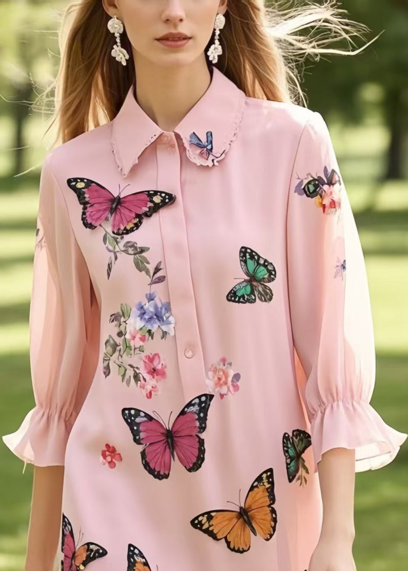 Collared Button Front Butterfly Print Crochet Lace Ruffle Hem Midi Dress 2