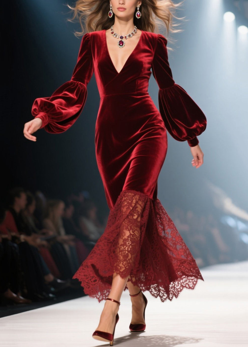 Deep V-Neck Puff Sleeve Lace Trim Scalloped Hem Velvet Maxi Gown 3