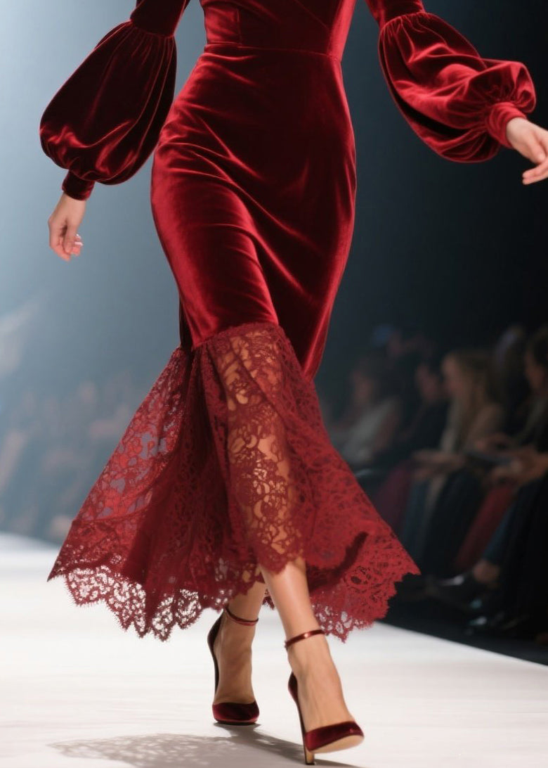 Deep V-Neck Puff Sleeve Lace Trim Scalloped Hem Velvet Maxi Gown 4
