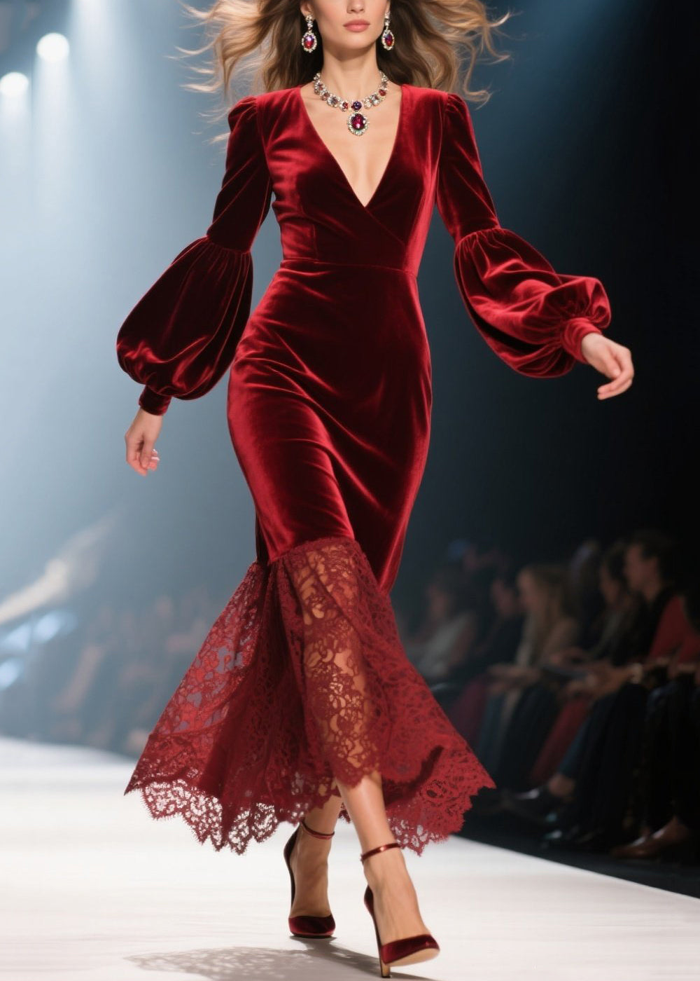 Deep V-Neck Puff Sleeve Lace Trim Scalloped Hem Velvet Maxi Gown 5