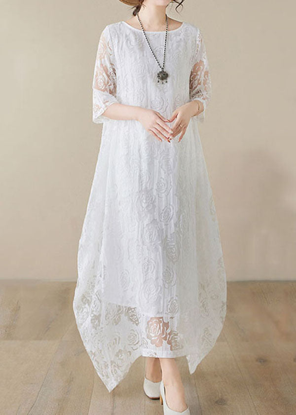 Scoop Neck Elbow Sleeve Double Layer Floral Lace Asymmetrical Hem Maxi Dress 3