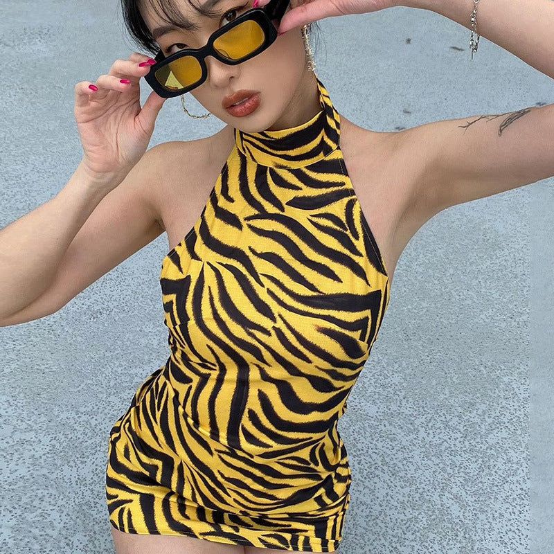 Mock Neck Halter Backless Print Bodycon Mini Dress 6