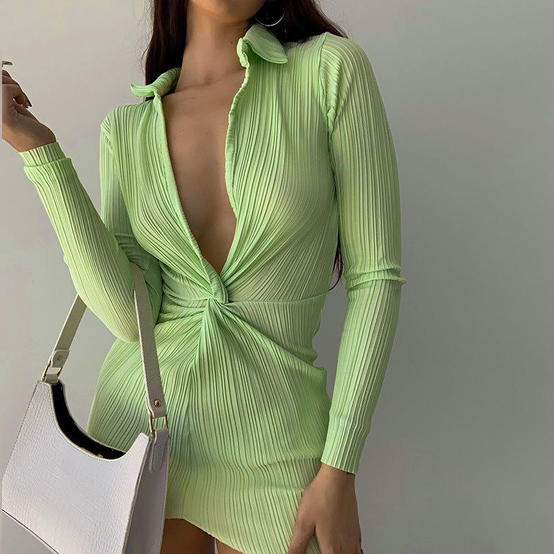 Pointed Collar Plunging V Neck Twist Front Rib Knit Mini Dress