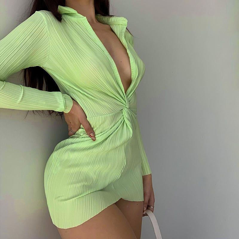 Pointed Collar Plunging V Neck Twist Front Rib Knit Mini Dress 2