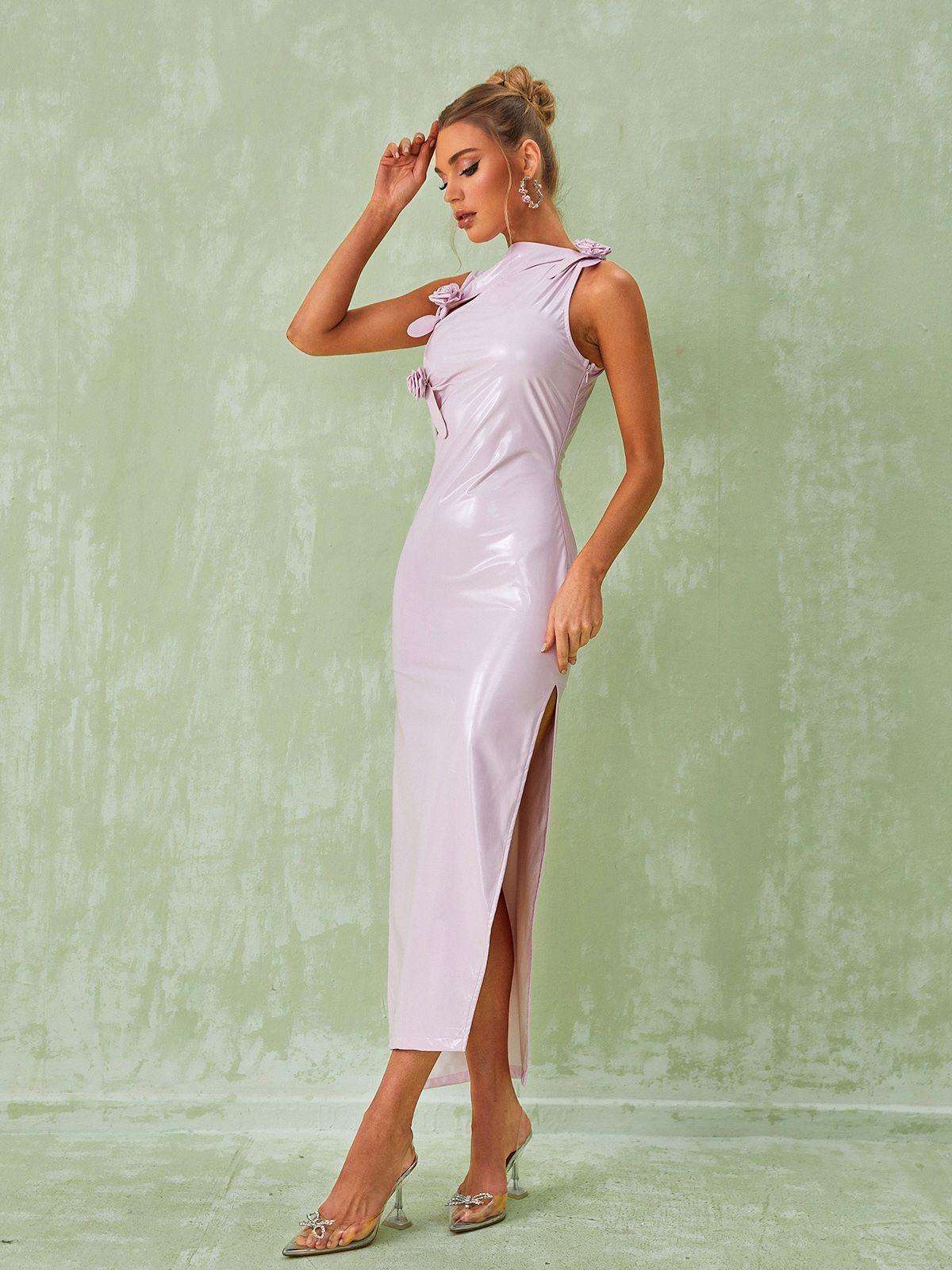 Mock Neck Long Sleeve Waist Cutout High Slit Fitted Maxi Dress 4