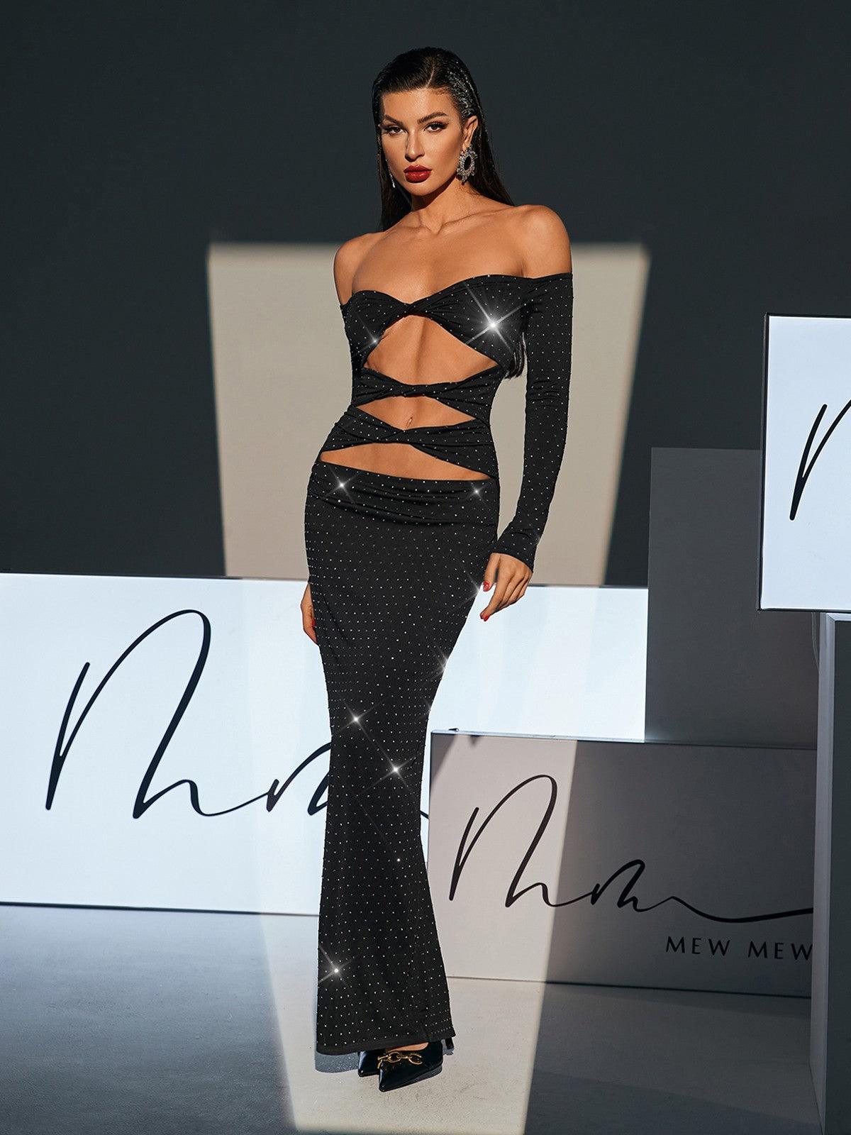 Off Shoulder Rhinestone Cutout Column Maxi Gown