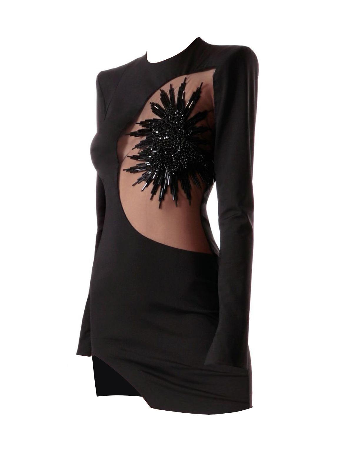 Long Sleeve Crew Neck Asymmetric Cutout Sequin Sunburst Mini Dress 7