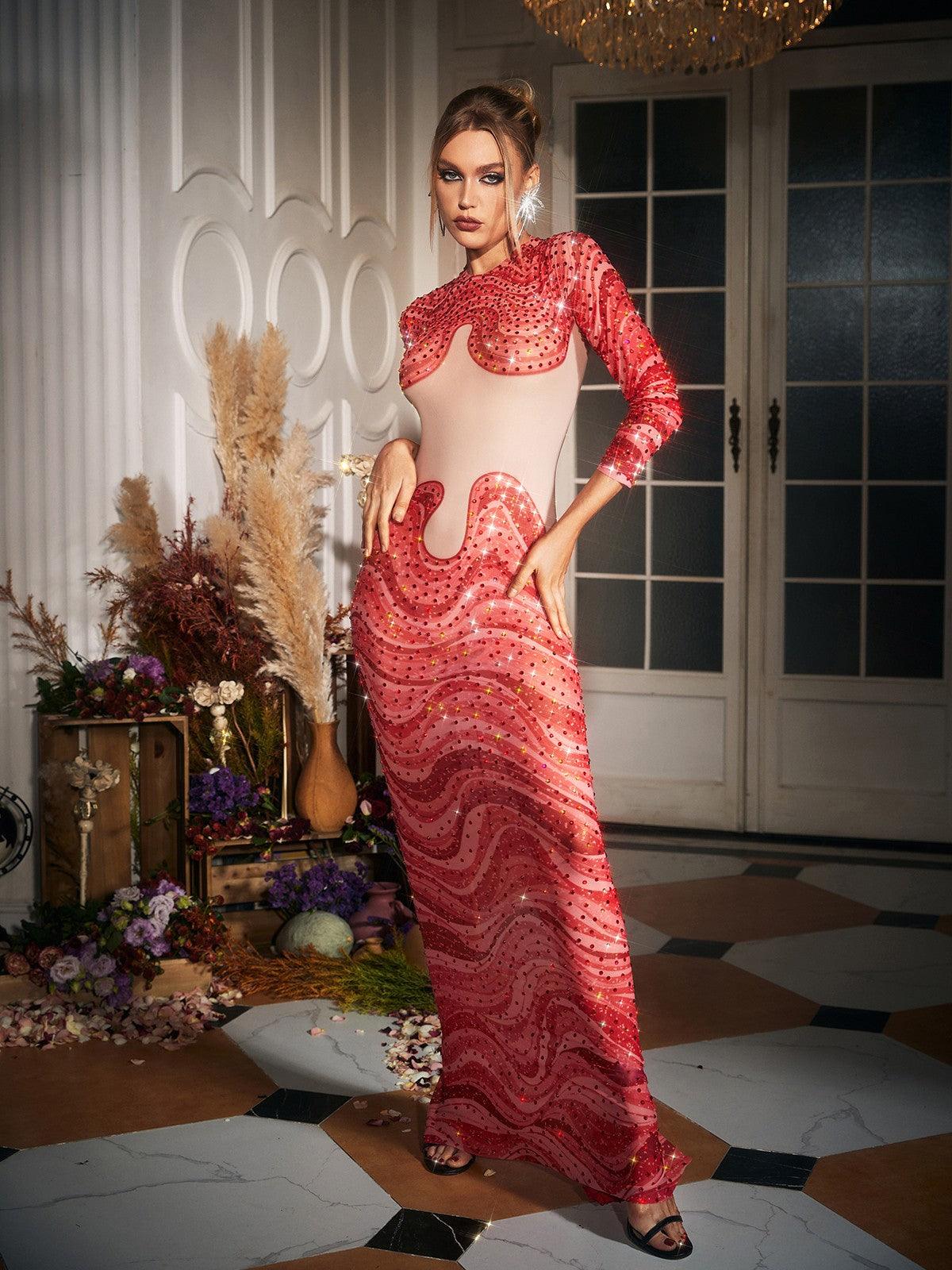 Wave Print Rhinestone Column Maxi Gown 3