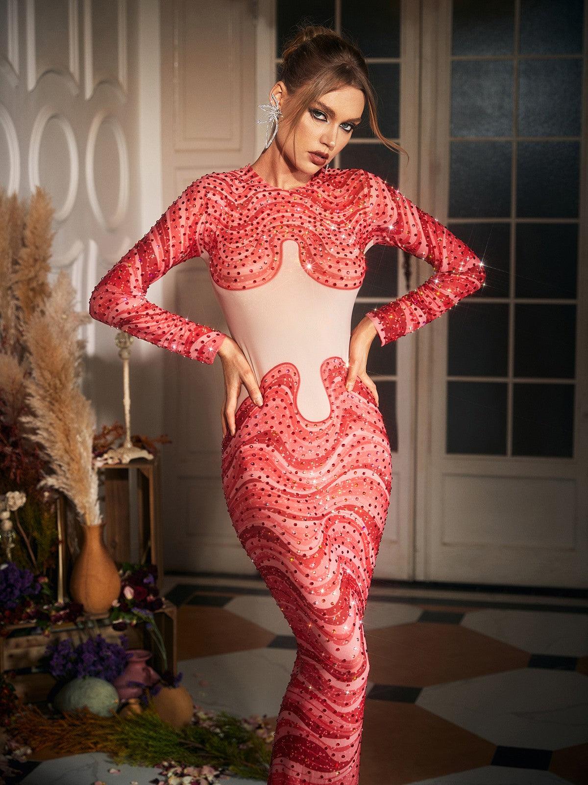 Wave Print Rhinestone Column Maxi Gown 2