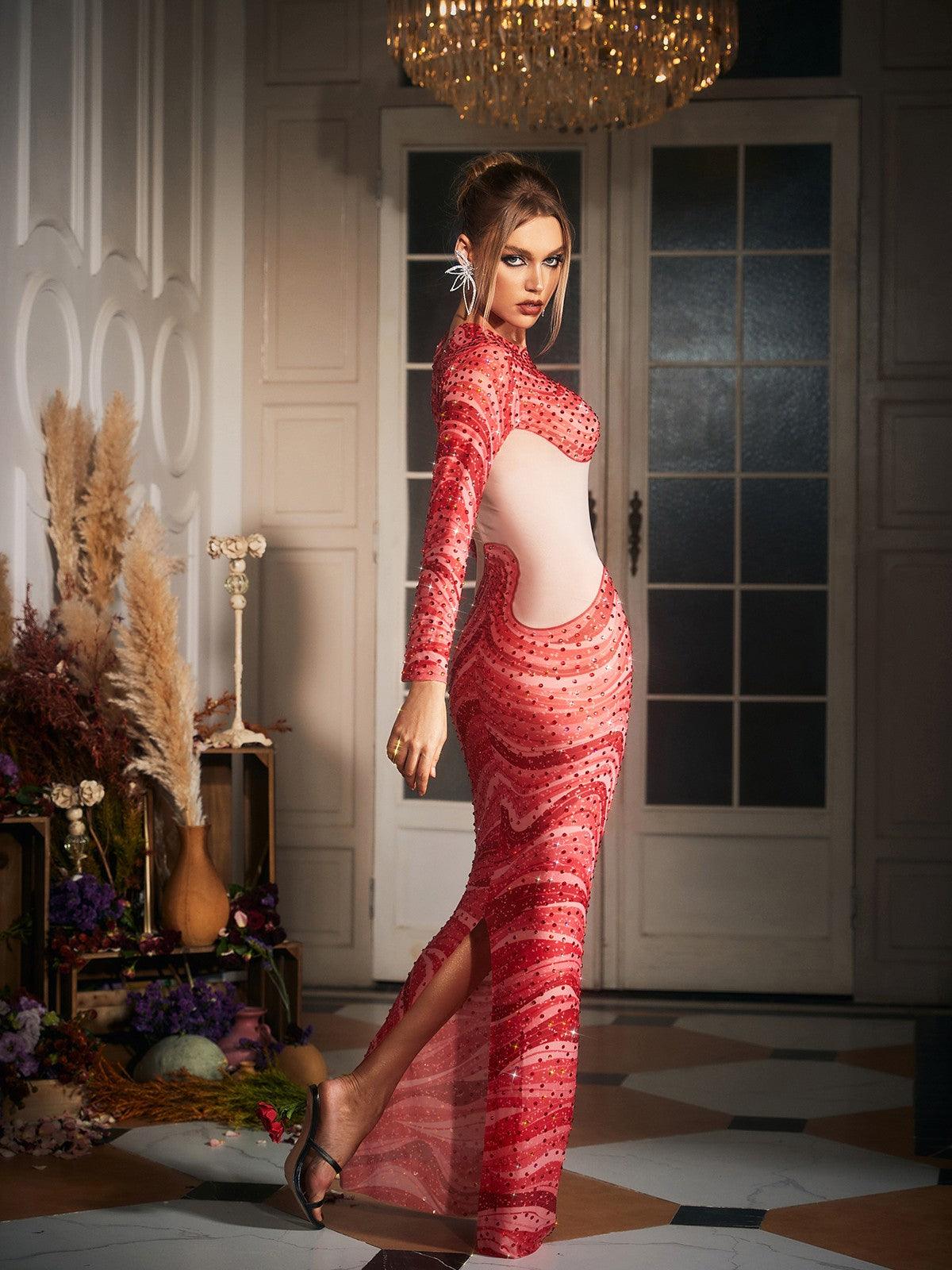 Wave Print Rhinestone Column Maxi Gown 5