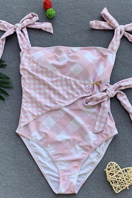 High Leg Tied Straps Gingham One Piece Swimsuit