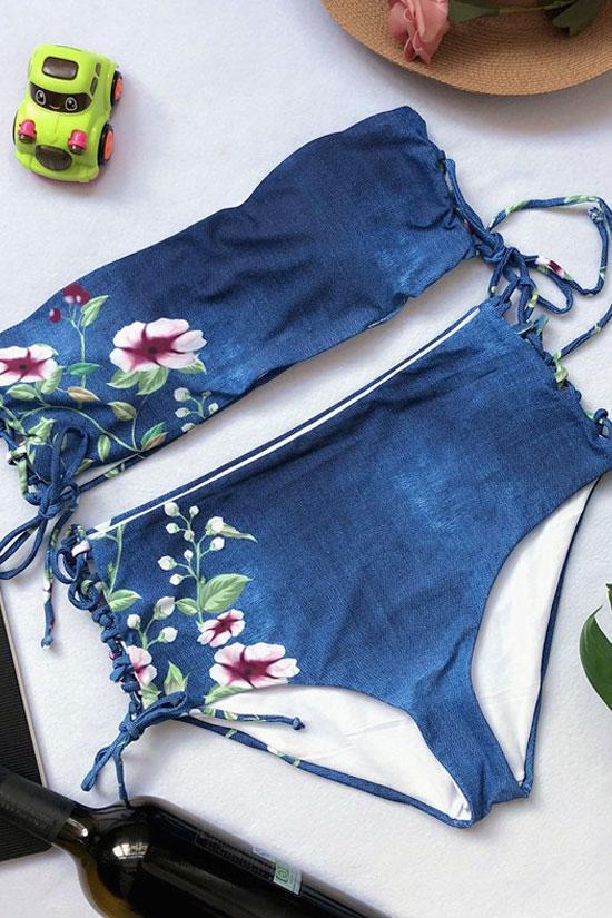 Blue High Waisted Lace Up Floral Printed Bandeau Bikini - Two Piece Swimsuit