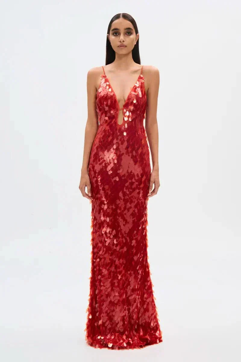 Plunging V-Neck Layered Sequin Paillette Floor-Length Gown