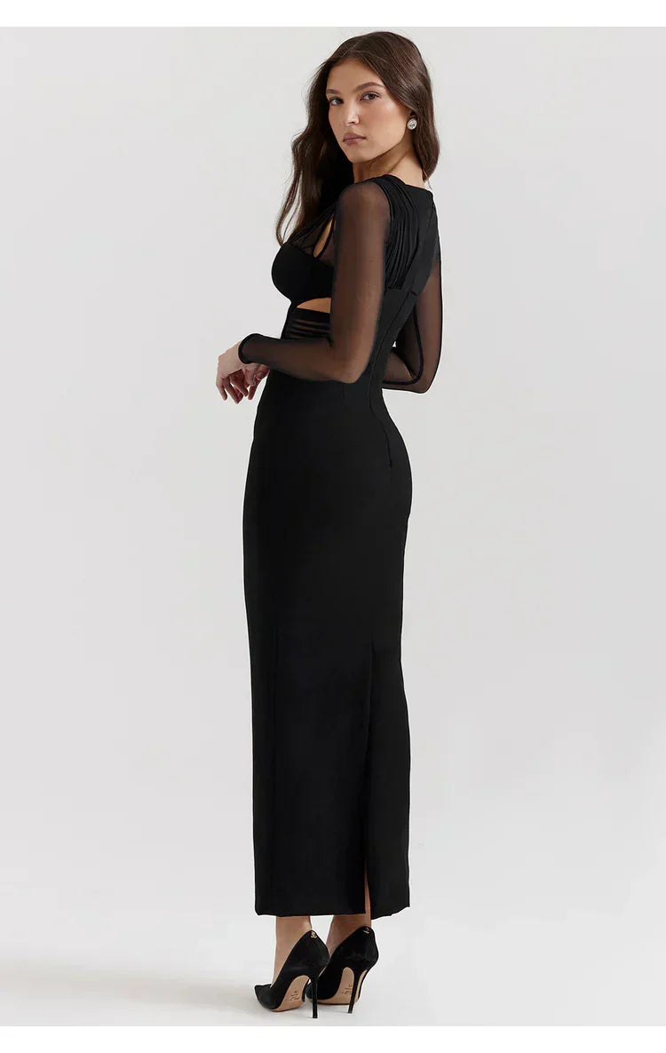 Long Sleeve Deep V-Neck Asymmetrical Mesh Cutout Waist Column Maxi Dress 4