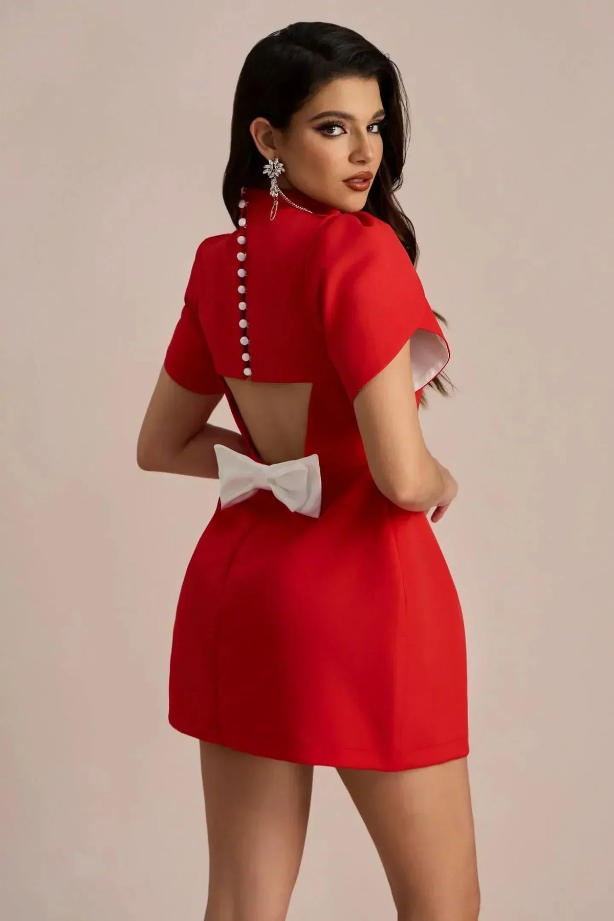 Mock Neck Petal Sleeve Princess Seam Waist Tulip Hem Mini Dress 2
