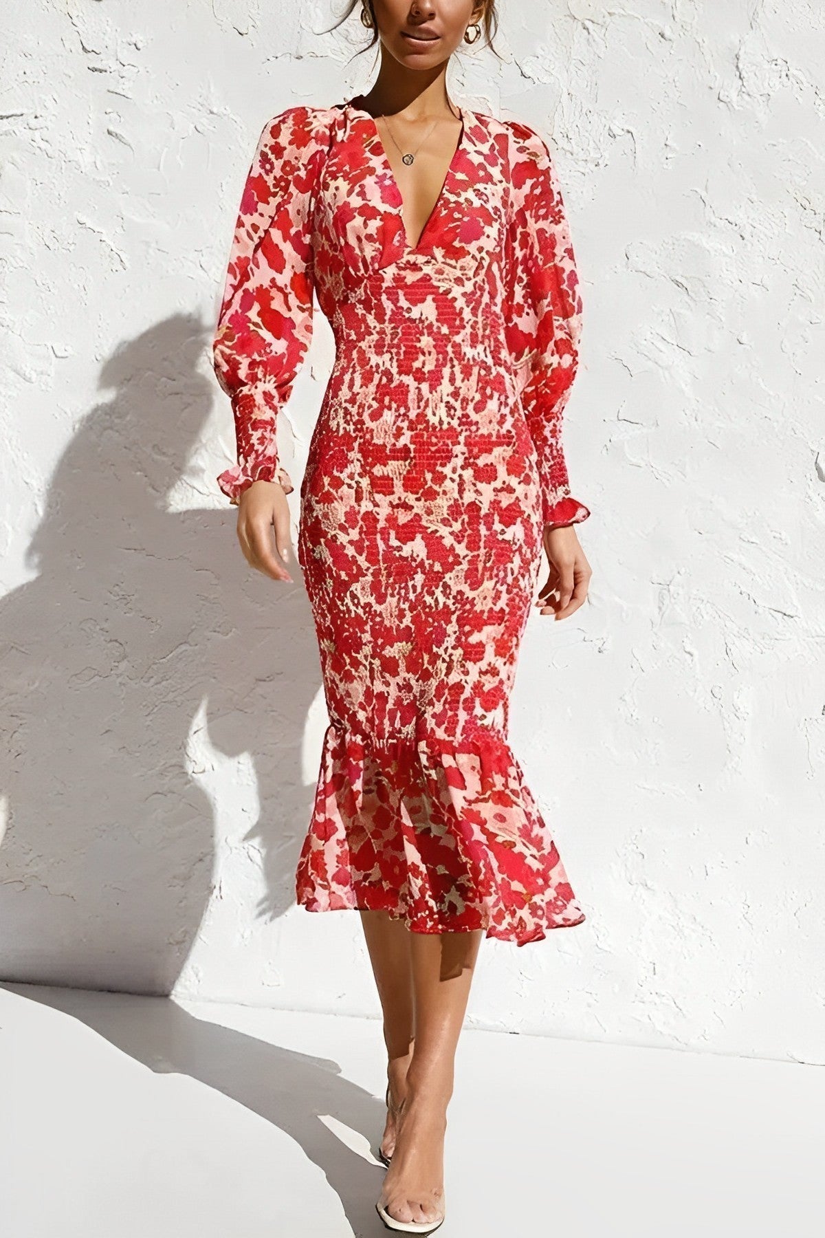 Deep V Neck Puff Sleeve Smocked Shirred Ruffle Midi Dress