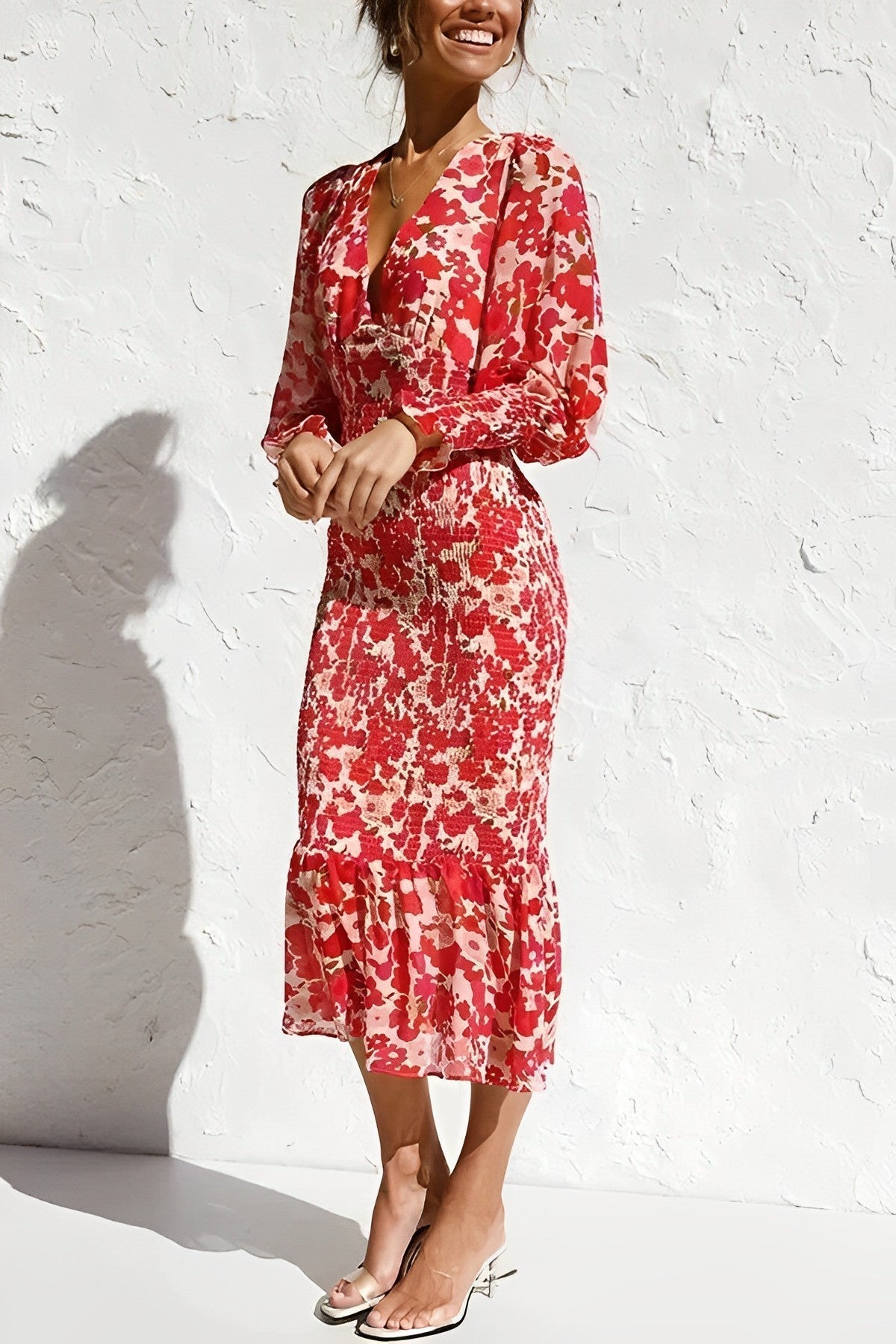 Deep V Neck Puff Sleeve Smocked Shirred Ruffle Midi Dress 4