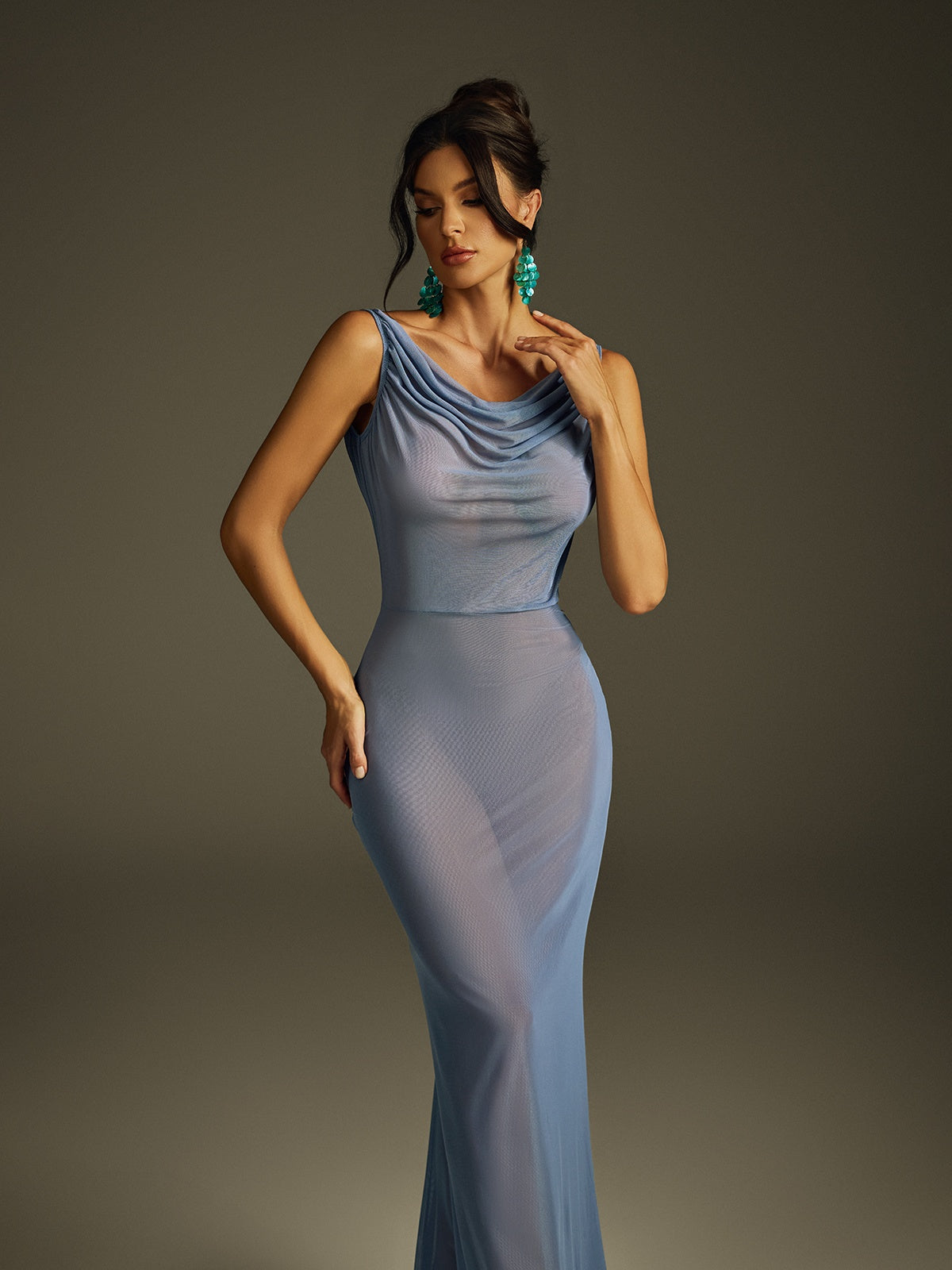 Spaghetti Strap Deep Cowl Back Draped Sheer Mesh Bodycon Maxi Dress 3