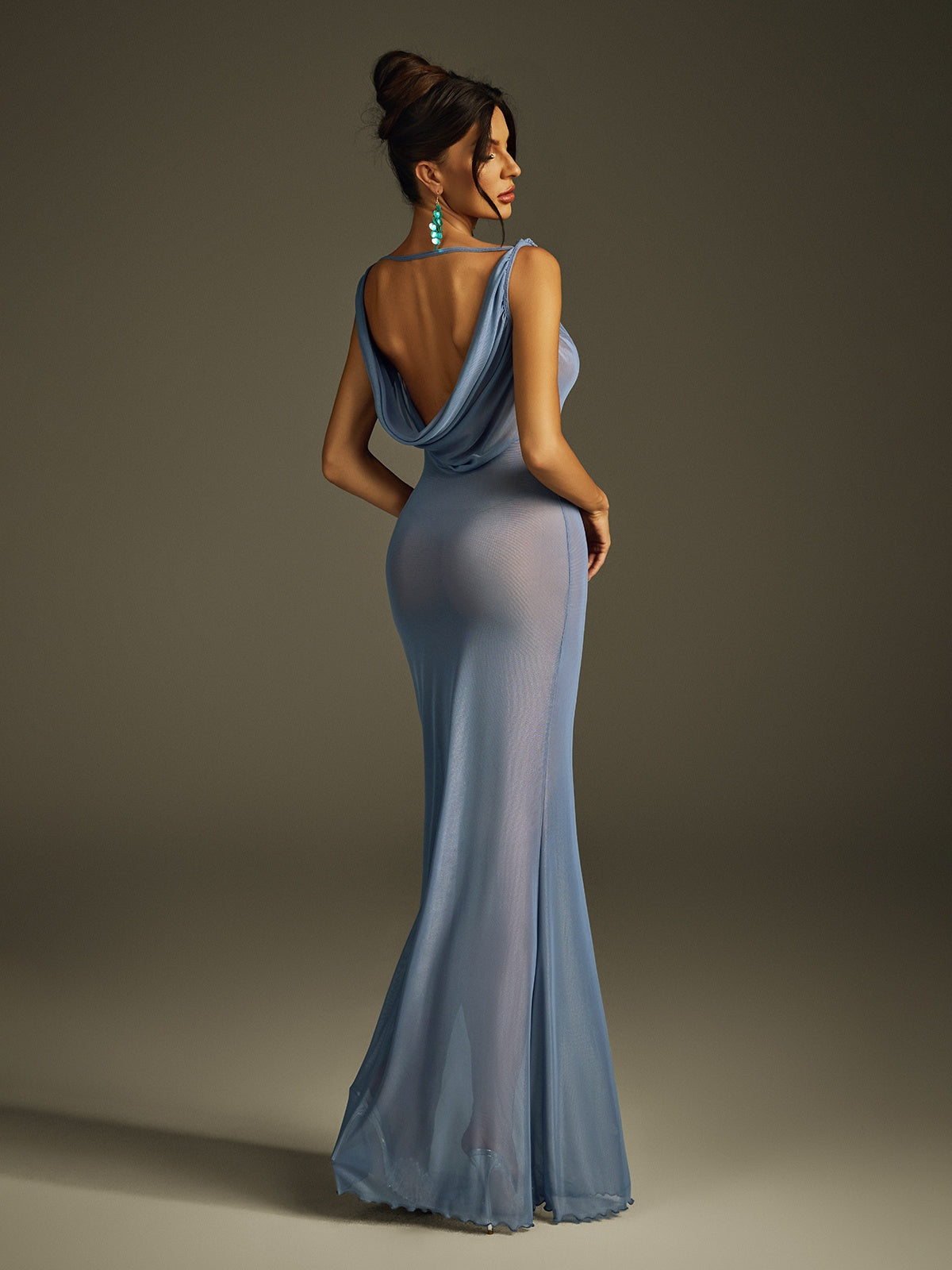 Spaghetti Strap Deep Cowl Back Draped Sheer Mesh Bodycon Maxi Dress