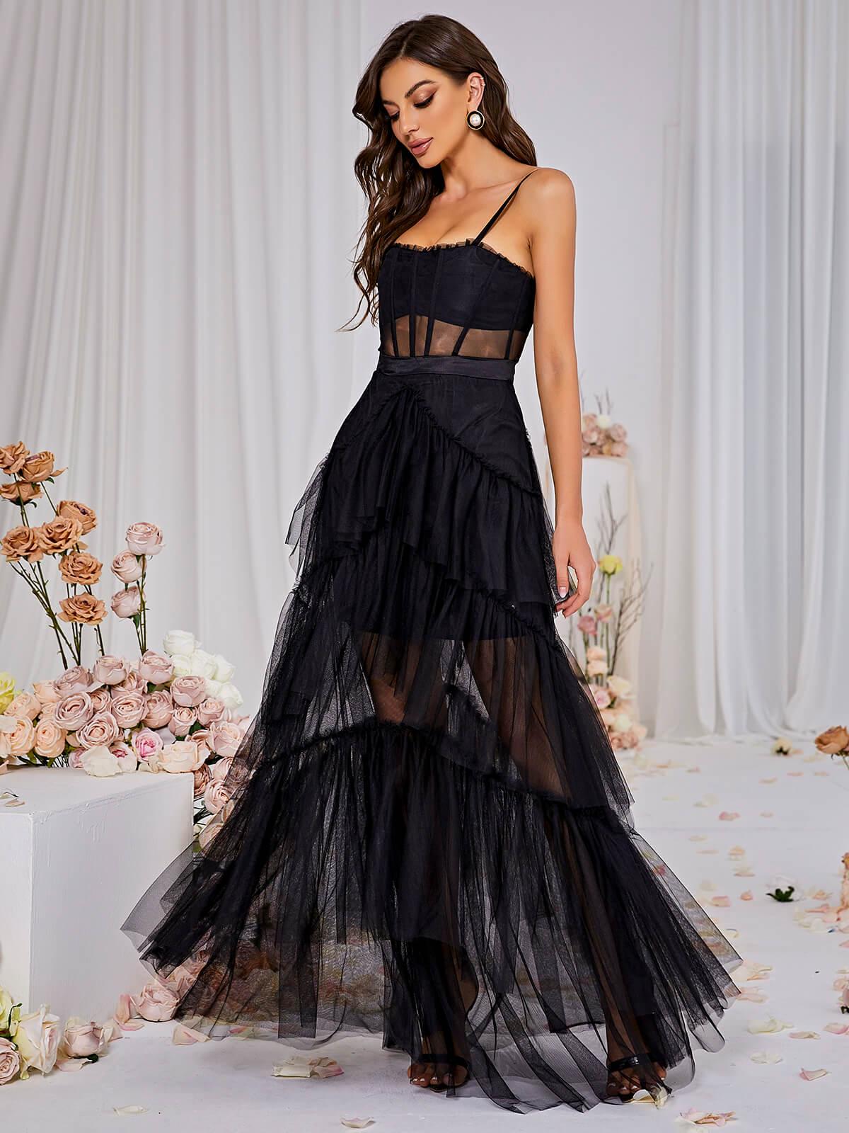 Corset Boned Spaghetti Strap Tiered Tulle Ruffle Mesh Maxi Dress