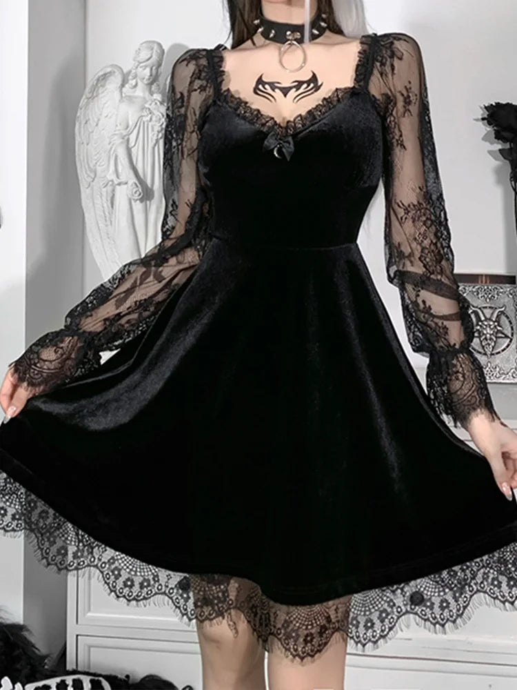 Sweetheart Lace Trim Bow Accent Velvet Lace Sleeve A-Line Mini Dress