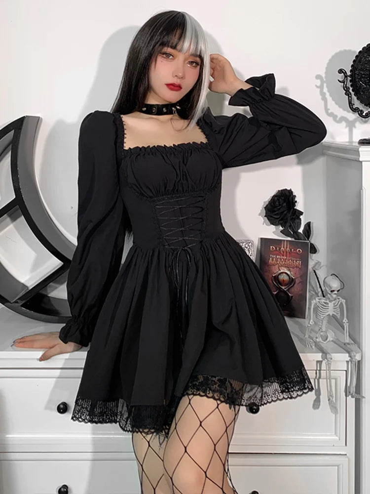 Square Neck Corset Lace-Up Puff Sleeve Pleated Lace Trim Gothic Mini Dress 3