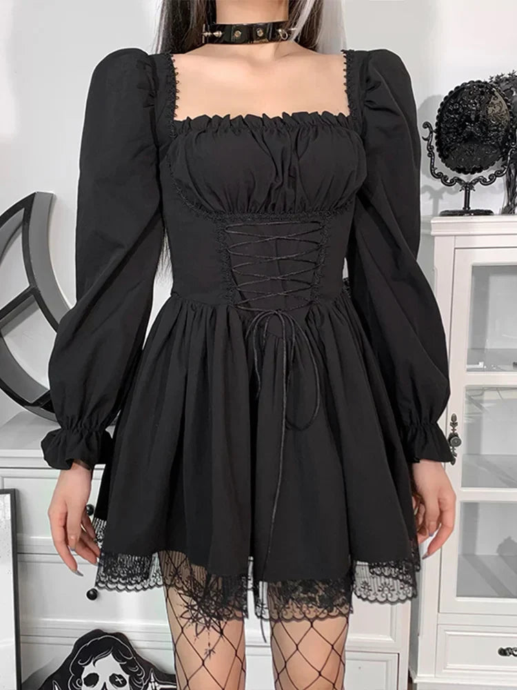 Square Neck Corset Lace-Up Puff Sleeve Pleated Lace Trim Gothic Mini Dress 7