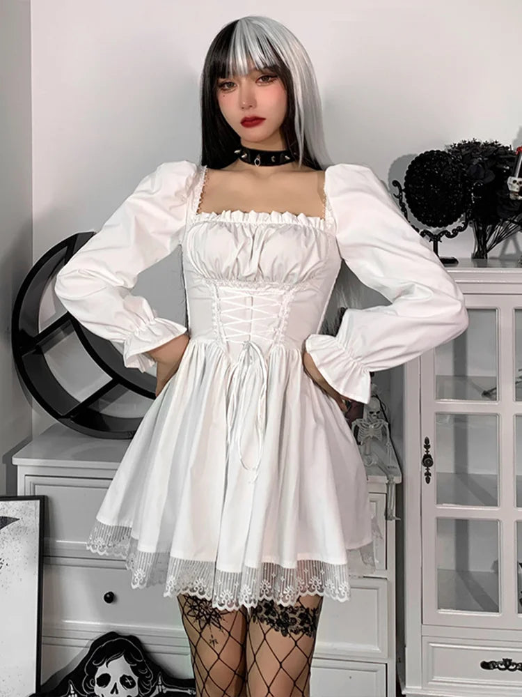 Square Neck Corset Lace-Up Puff Sleeve Pleated Lace Trim Gothic Mini Dress 4