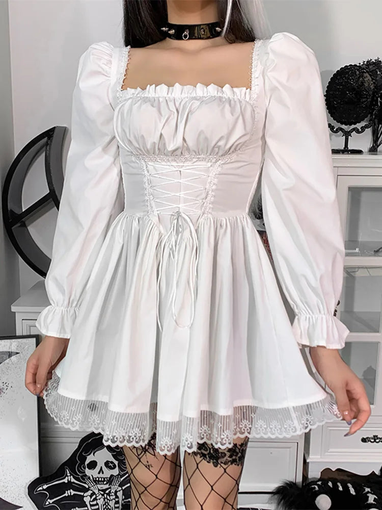 Square Neck Corset Lace-Up Puff Sleeve Pleated Lace Trim Gothic Mini Dress 8