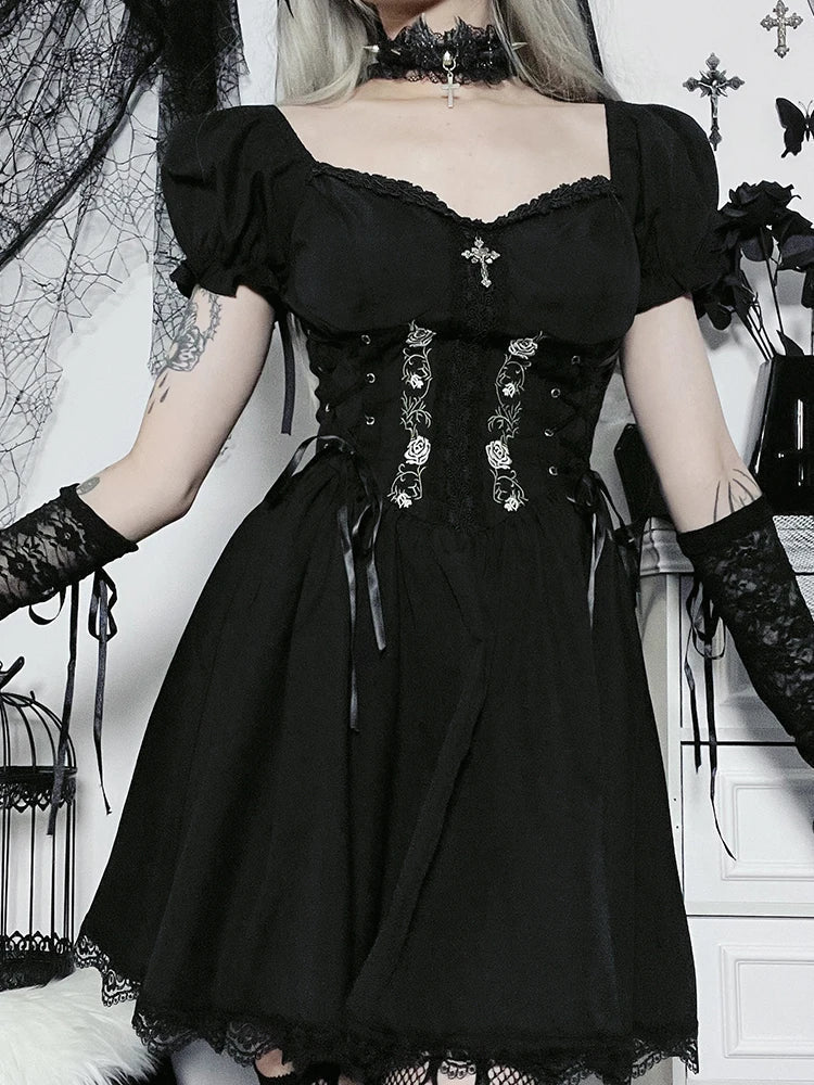 Lace-Up Corset Embroidery Pleated Lace Hem Puff Sleeve Mini Dress 5