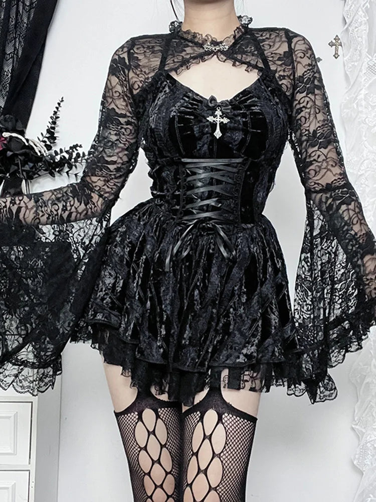 Velvet Halter Sweetheart Lace Up Corset Tiered Lace Trim Mini Dress 5