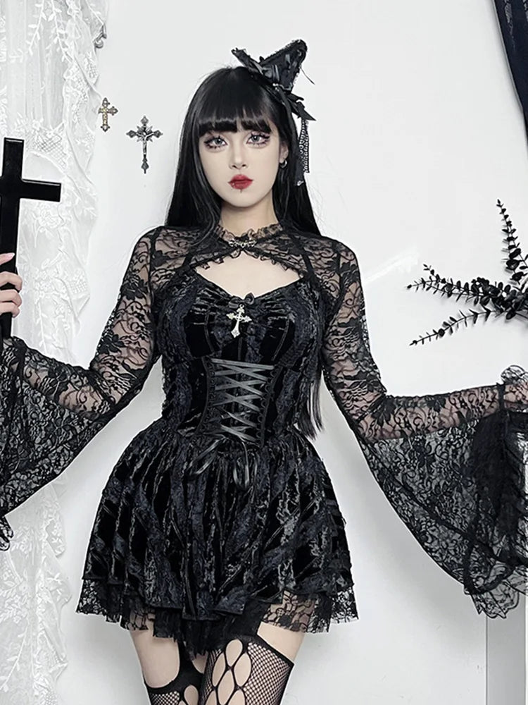 Velvet Halter Sweetheart Lace Up Corset Tiered Lace Trim Mini Dress 2
