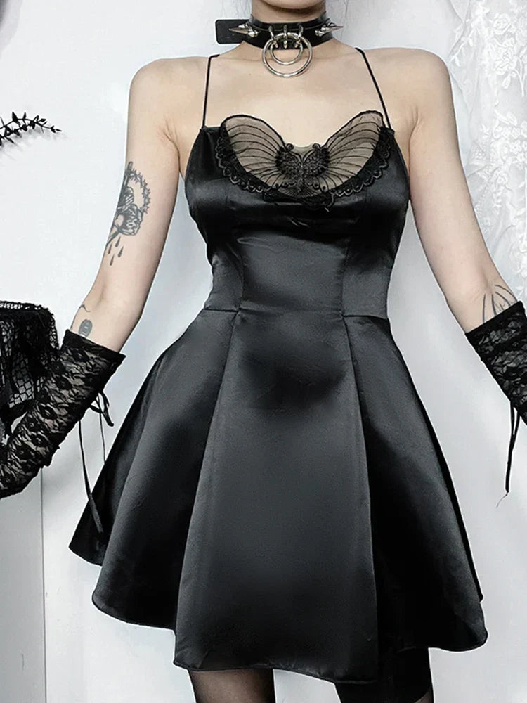 Satin Halter Neck Butterfly Mesh Cut Out Pleated A-Line Mini Dress 6