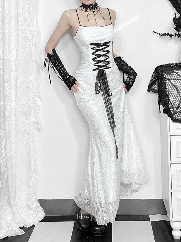 Floral Lace Spaghetti Strap Corset Lace-Up Gothic Maxi Dress 3