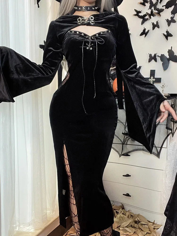 Velvet Bell Sleeve Chest Cutout Buckle Corset Lace-Up Thigh Slit Midi Dress 2