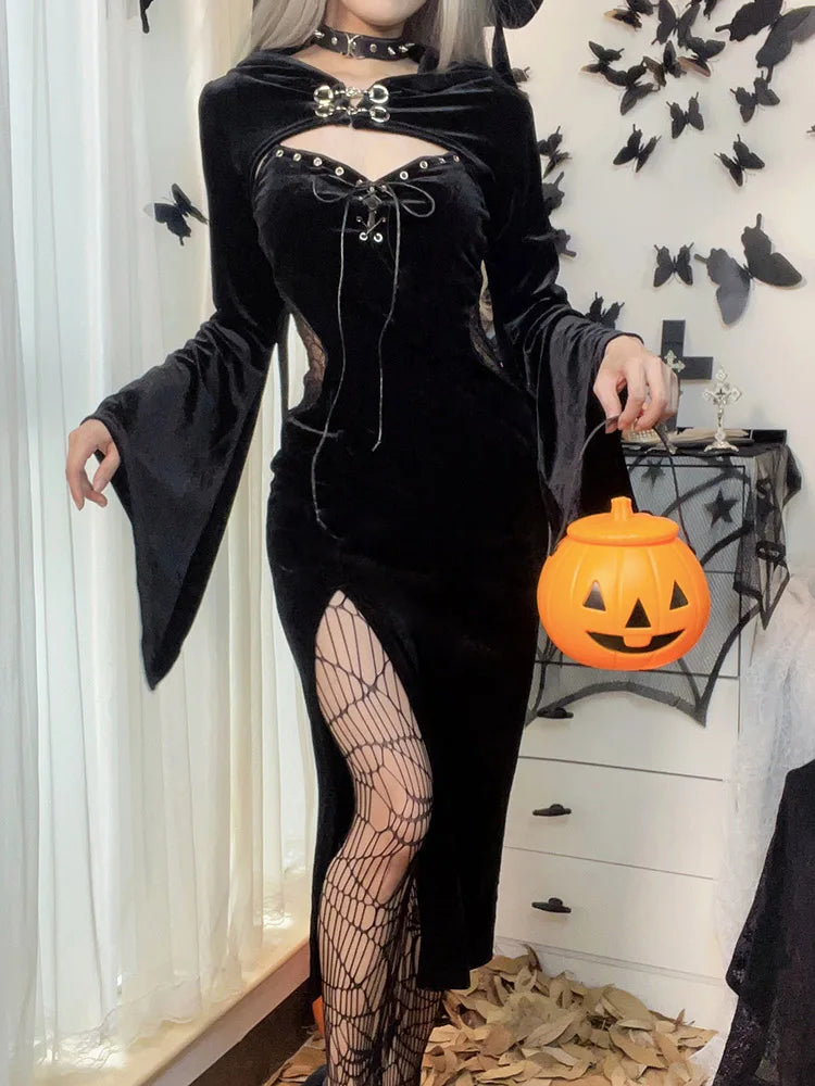 Velvet Bell Sleeve Chest Cutout Buckle Corset Lace-Up Thigh Slit Midi Dress 7