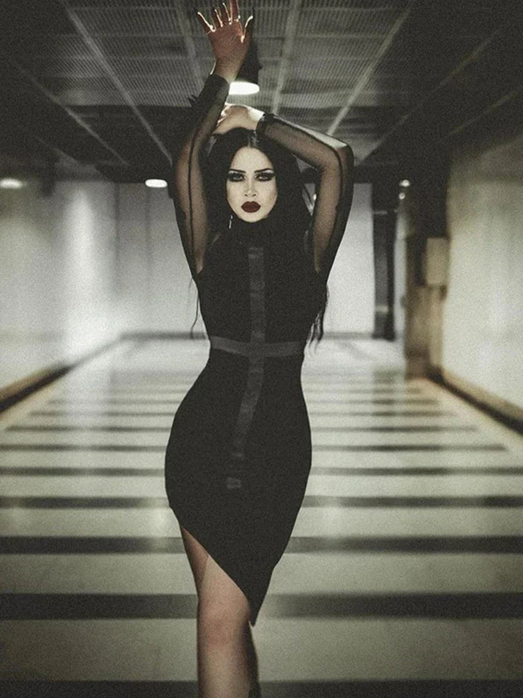 Mesh Long Sleeve Mock Neck Cross Panel Asymmetric Hem Bodycon Mini Dress 3