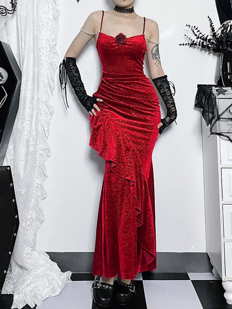Floral Embossed Velvet Ruched Mermaid Gown with Pearl Shoulder Chains and Lace Up Arm Warmers Set 5