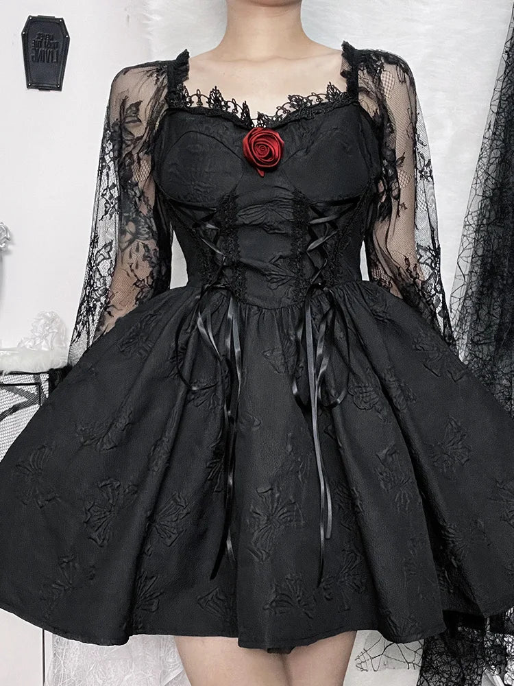 Gothic Jacquard Lace Up Corset Bishop Sleeve Puff Skirt Mini Dress 6