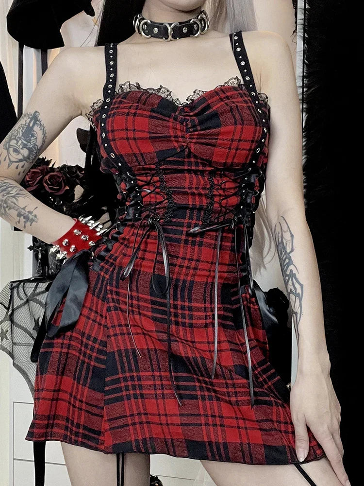 Plaid Corset Lace Up Bow Detail Spaghetti Strap Mini Dress 2