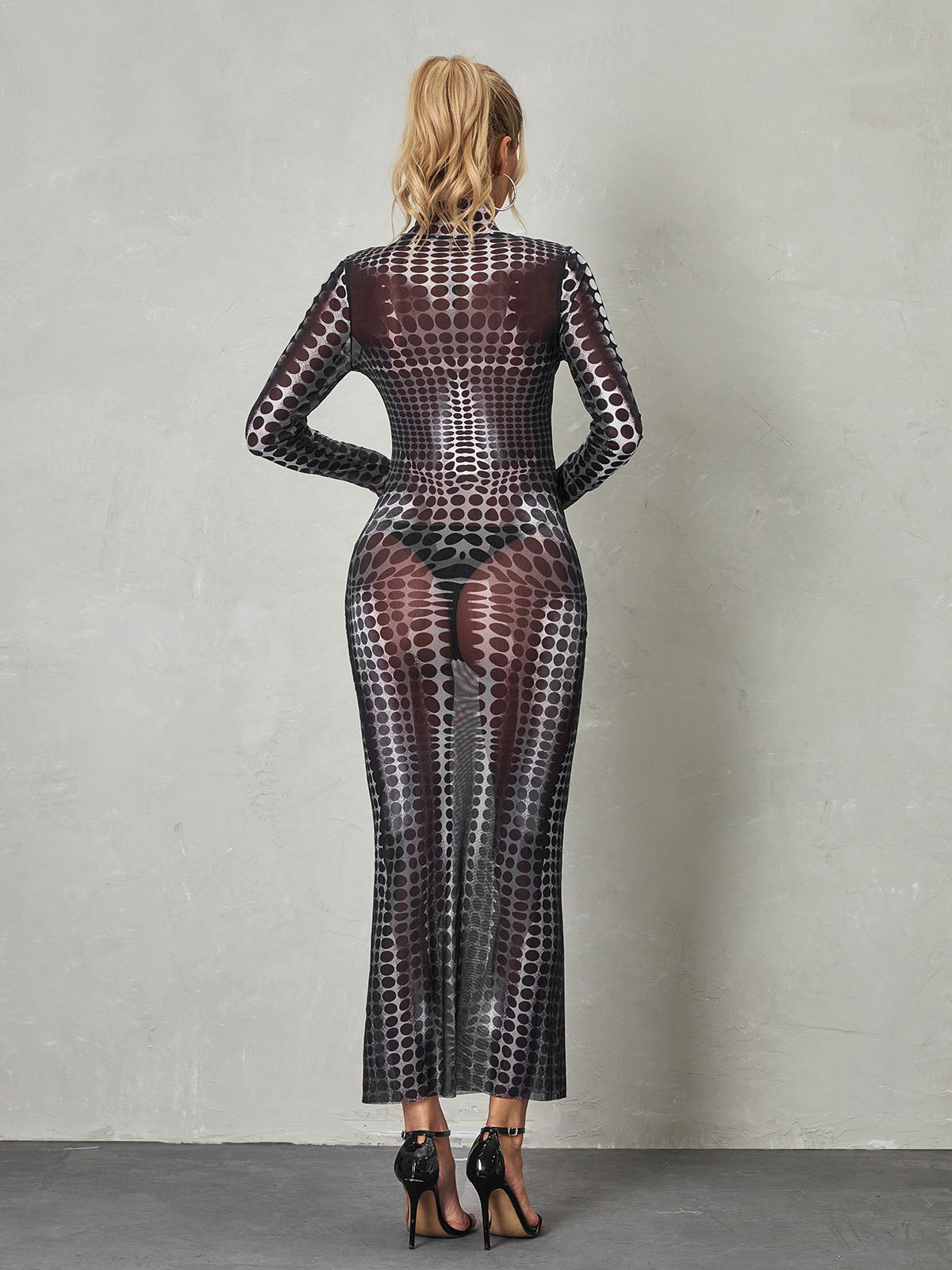 Mock Neck Long Sleeve Optical Illusion Print Bodycon Jumpsuit 5