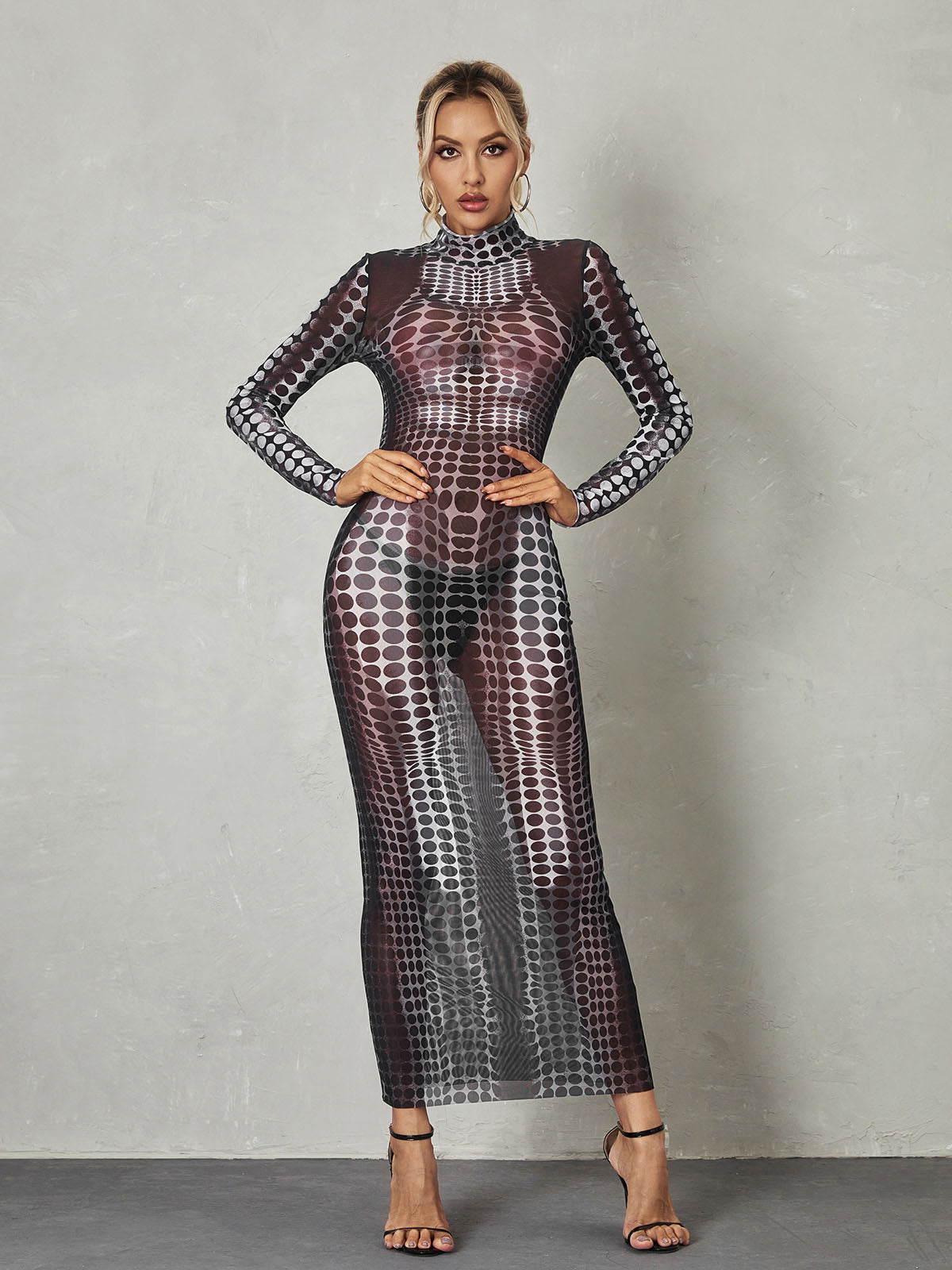 Mock Neck Long Sleeve Optical Illusion Print Bodycon Jumpsuit 2