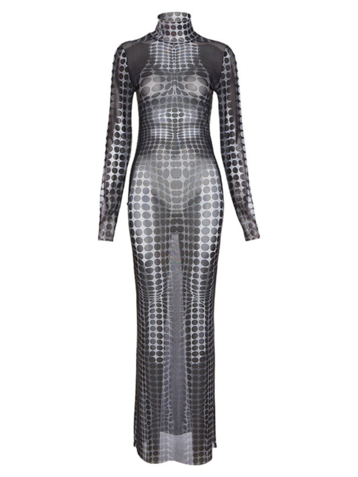 Mock Neck Long Sleeve Optical Illusion Print Bodycon Jumpsuit 6