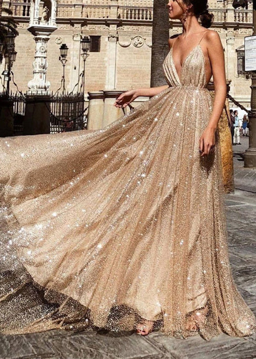 Plunging V-Neck Sequin Spaghetti Strap Ball Skirt Gown