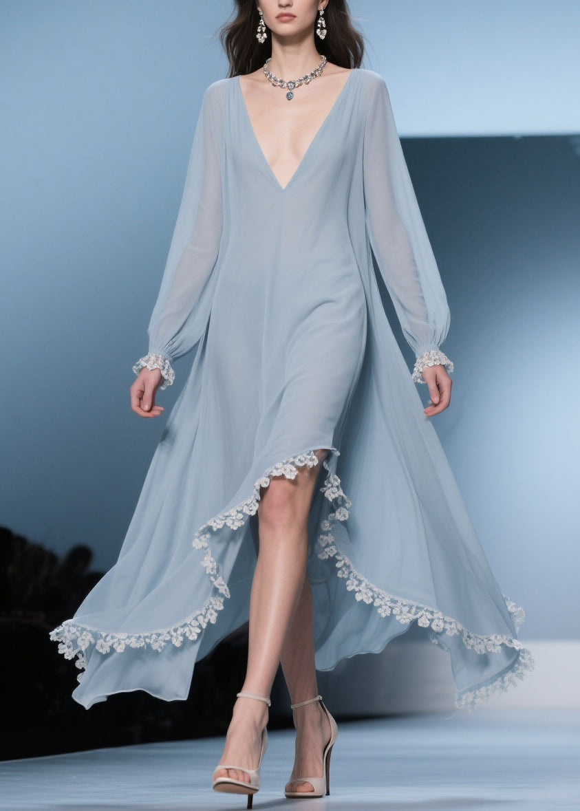 Deep V-Neck Lace Trim Long Sleeve Handkerchief Hem Chiffon Midi Dress 5