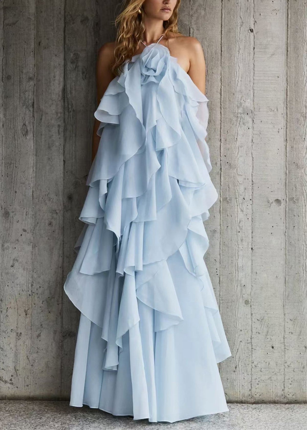 Halter Neck Rosette Detail Tiered Ruffle Chiffon Maxi Gown