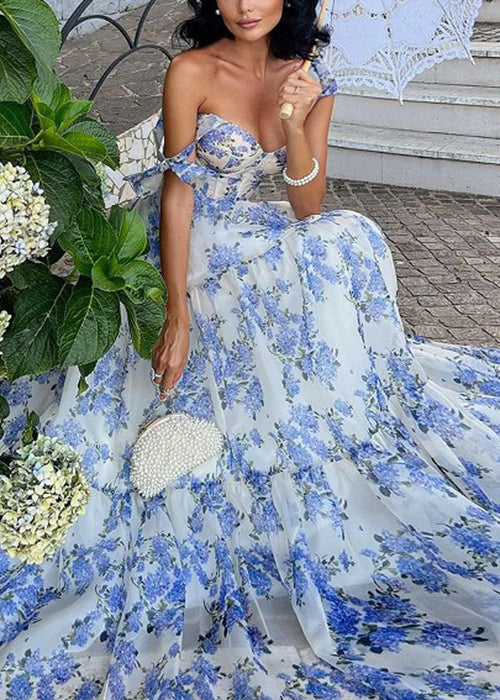 Off Shoulder Corset Bodice Tie Strap Tiered Floral Maxi Dress